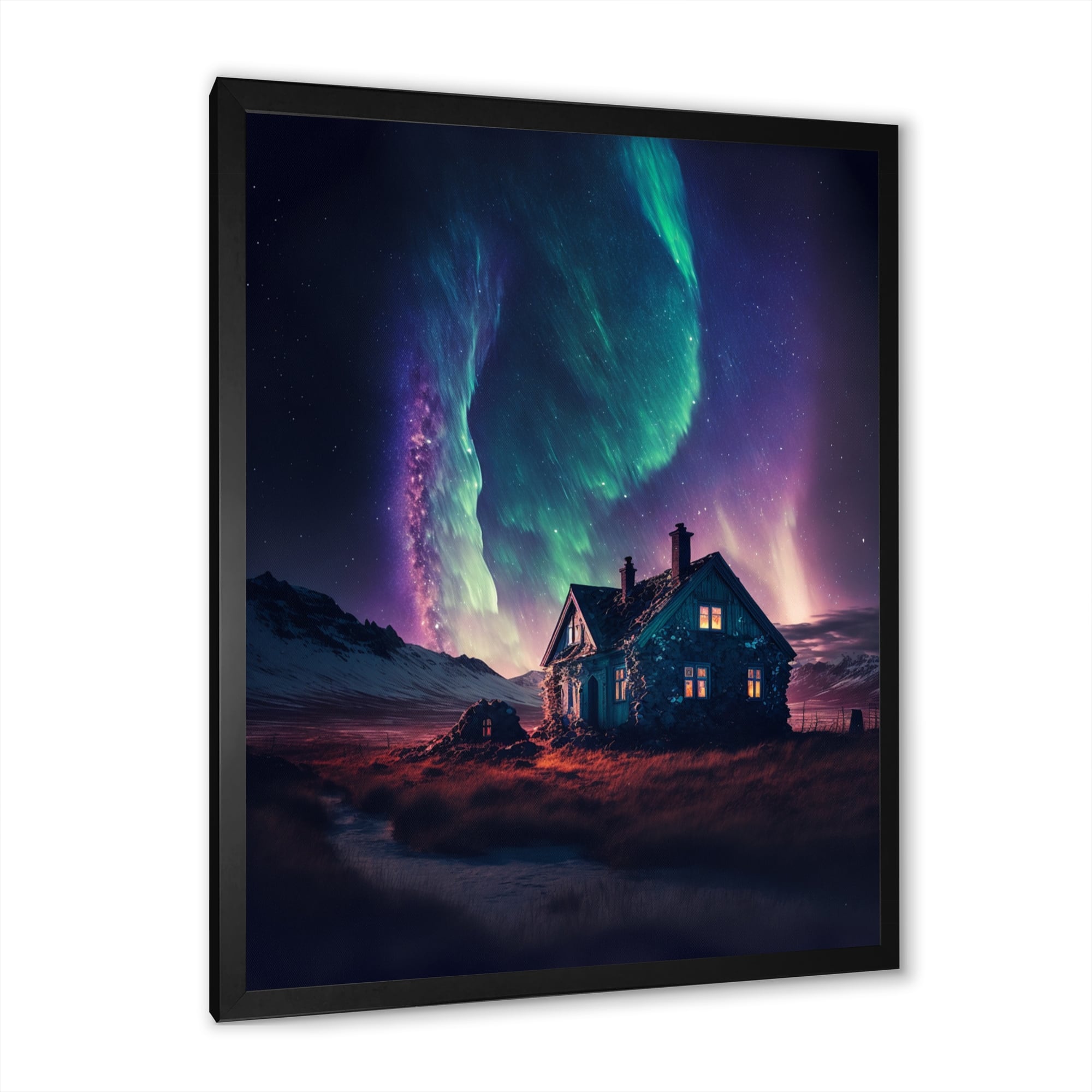 Designart "Countryhouse With Vibrant Northern Lights" Landscape